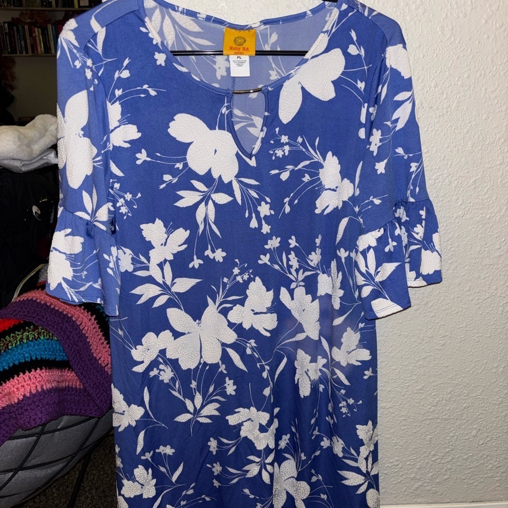Ruby Rd. Blue and White Floral Midi Dress Size Large Petite